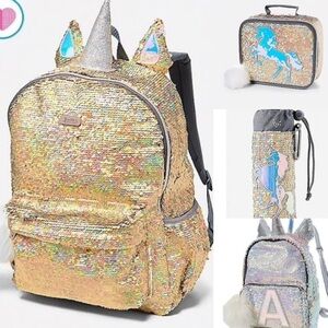 Justice Holographic Unicorn Sequin Backpack 4 pc Set (Backpack, lunchbox, bottle